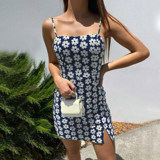 Explosion holiday beach mini skir-t European and American ladies flower print halter slim dress