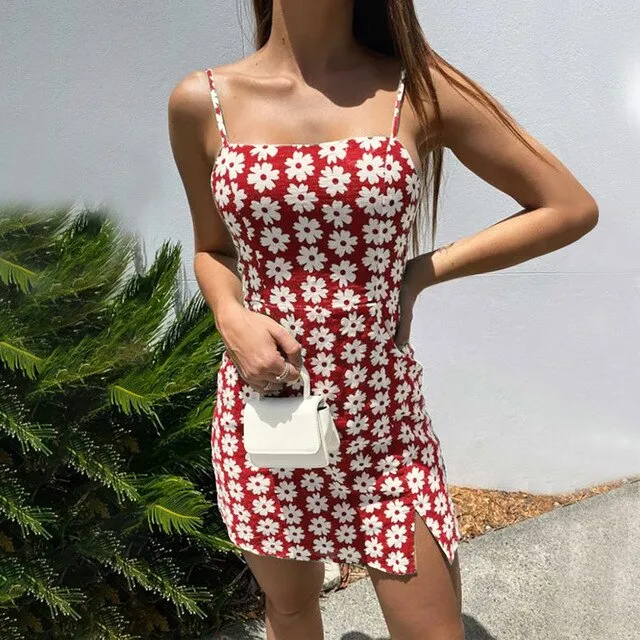 Explosion holiday beach mini skir-t European and American ladies flower print halter slim dress