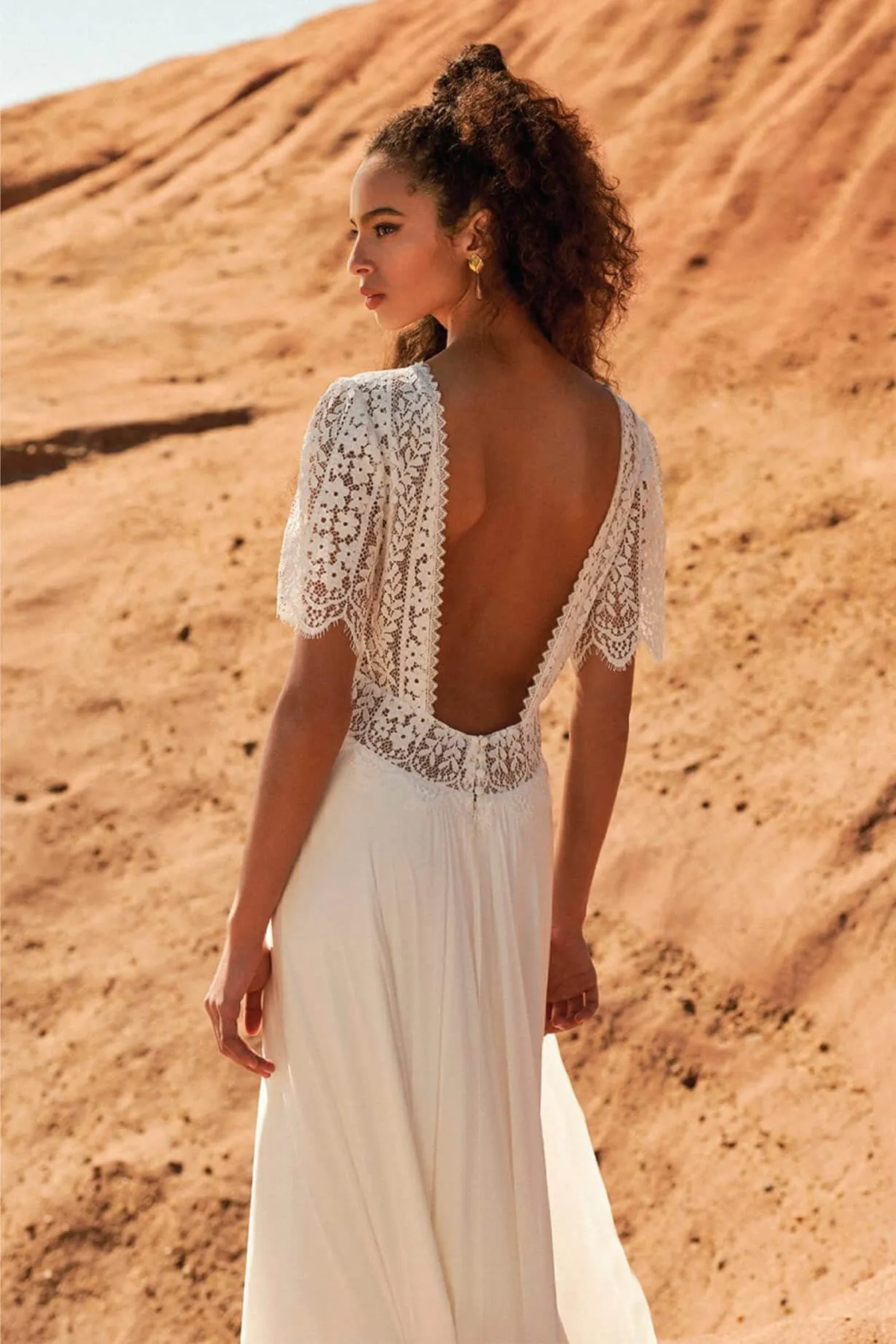 Front Split Plunging Half Sleeve Bohemian Lace And Chiffon Wedding Dress With Open Back-715880