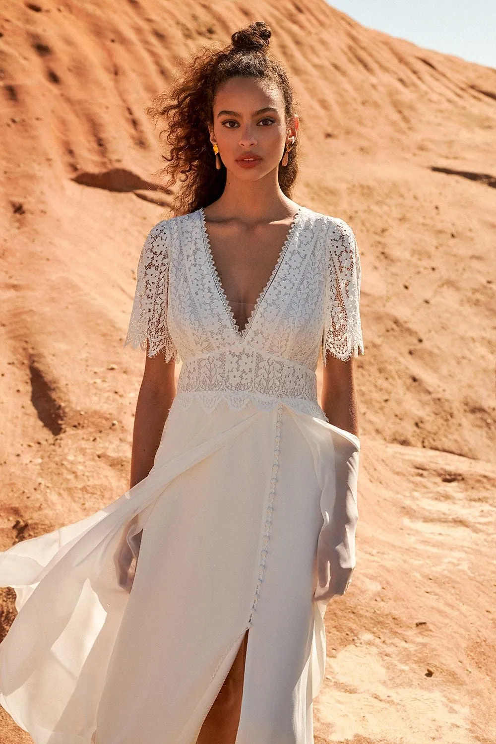 Front Split Plunging Half Sleeve Bohemian Lace And Chiffon Wedding Dress With Open Back-715880