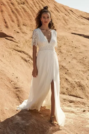 Front Split Plunging Half Sleeve Bohemian Lace And Chiffon Wedding Dress With Open Back-715880