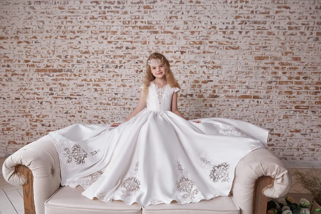 Girls Communion White Gown with Lace Motifs