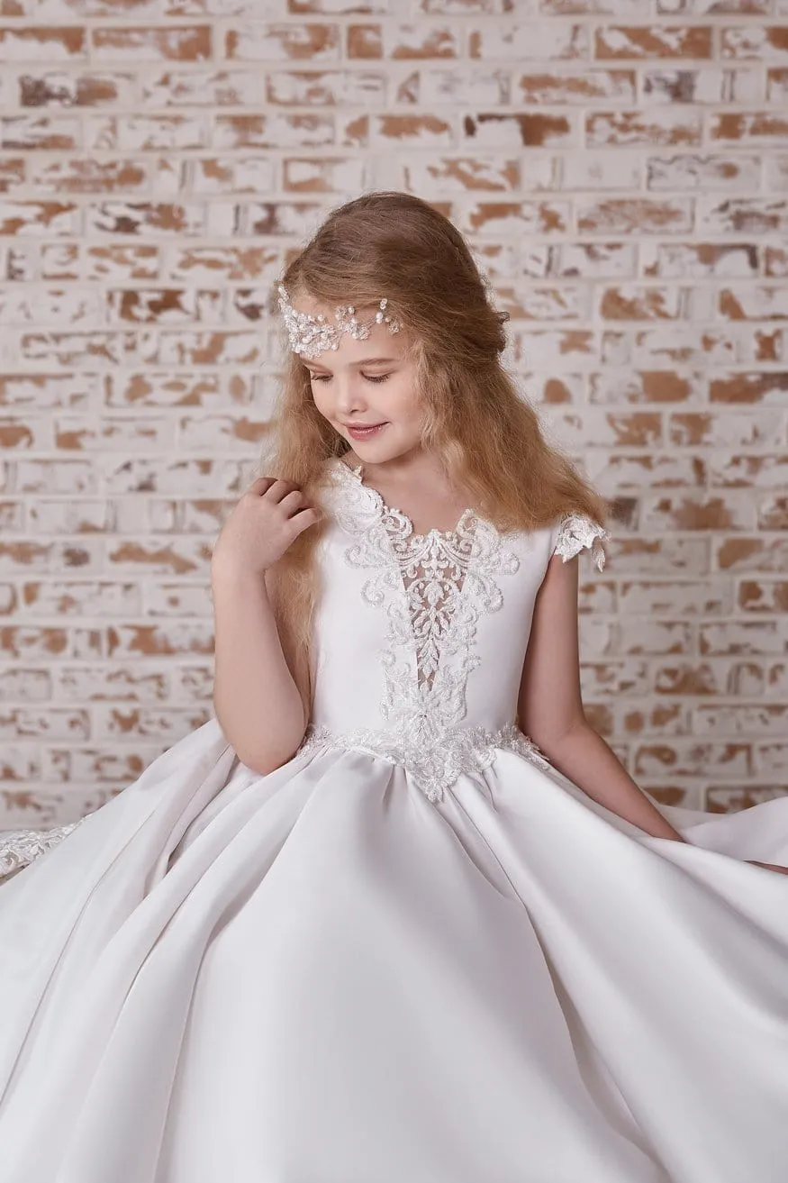 Girls Communion White Gown with Lace Motifs