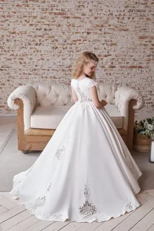 Girls Communion White Gown with Lace Motifs