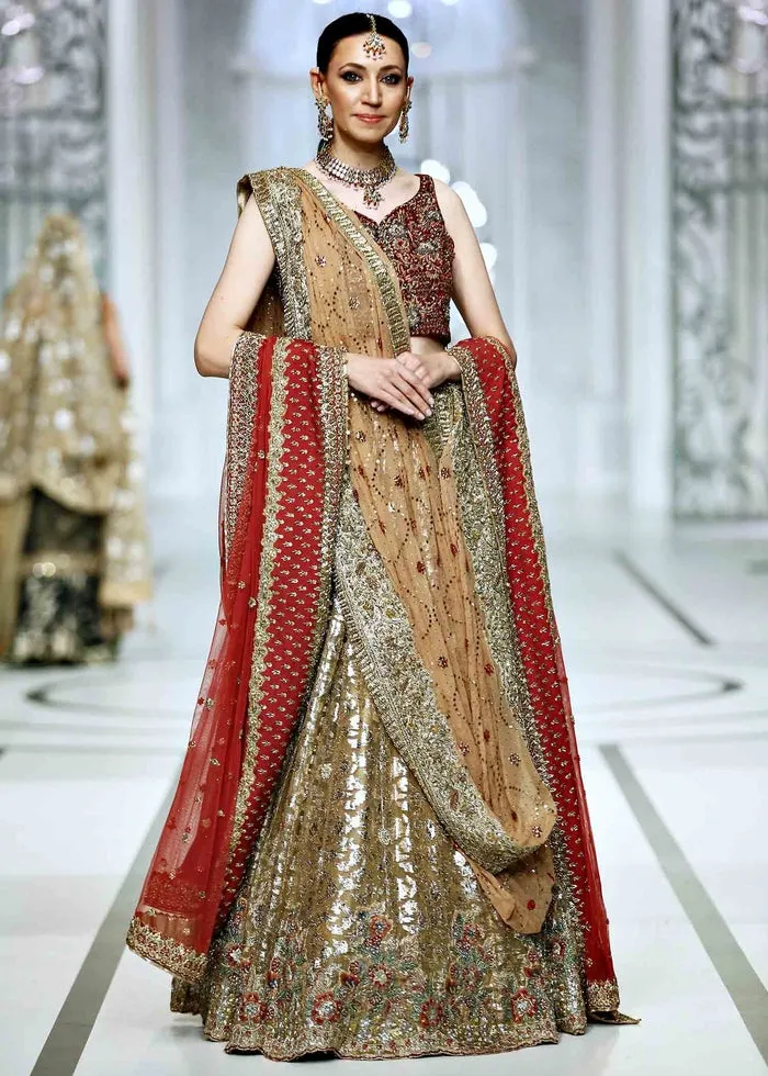 Golden Pakistani Designer Lehenga with Red Choli #BN1103