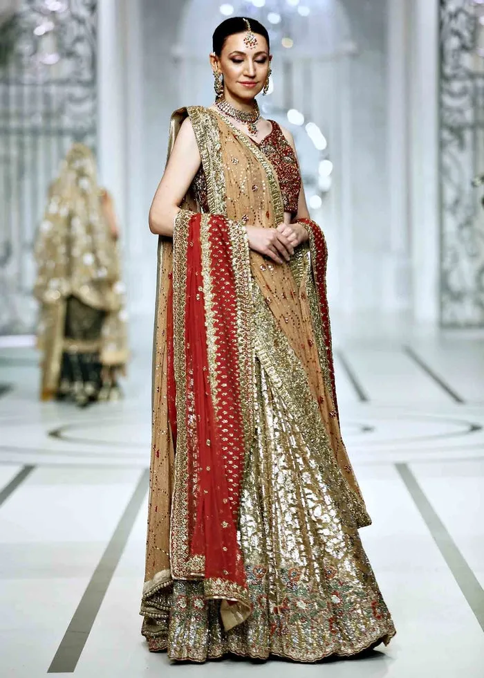 Golden Pakistani Designer Lehenga with Red Choli #BN1103