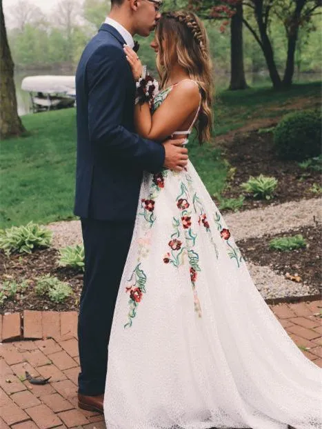 Gorgeous Lace Prom Dresses A-line Floral Gowns With Sweep Train CP120