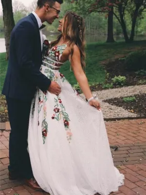 Gorgeous Lace Prom Dresses A-line Floral Gowns With Sweep Train CP120