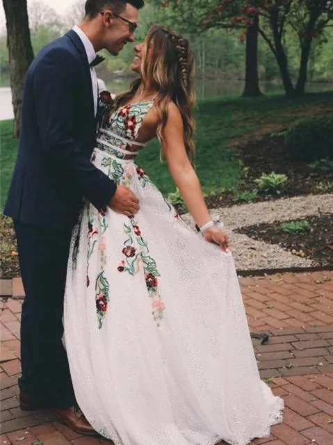 Gorgeous Lace Prom Dresses A-line Floral Gowns With Sweep Train CP120