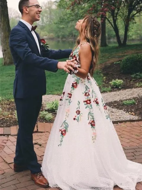 Gorgeous Lace Prom Dresses A-line Floral Gowns With Sweep Train CP120