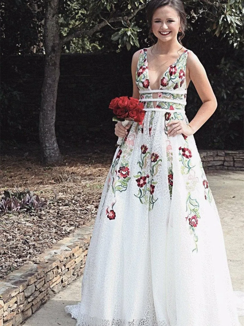 Gorgeous Lace Prom Dresses A-line Floral Gowns With Sweep Train CP120