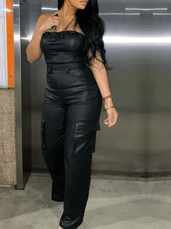 Gorgeousladie Faux Leather Strapless Jumpsuit