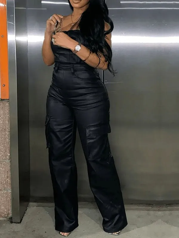 Gorgeousladie Faux Leather Strapless Jumpsuit