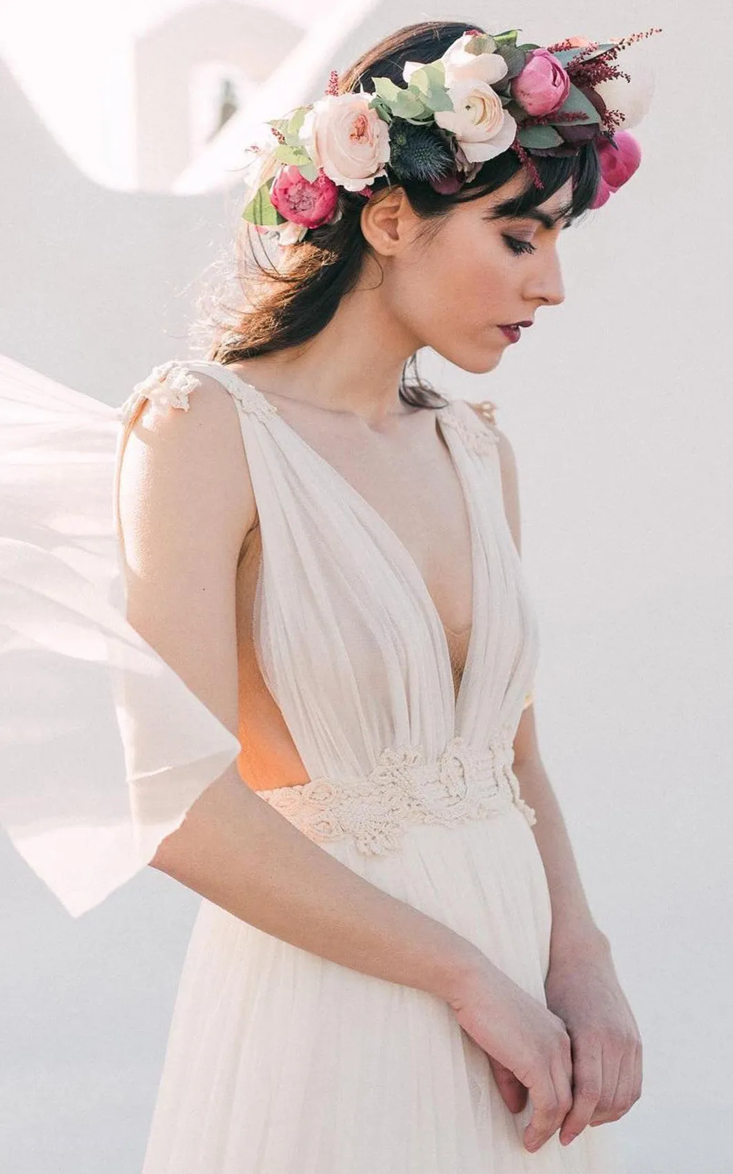 Grecian Plunging Neckline A-Line Tulle Wedding Dress With Low-V Back And Sash-716602
