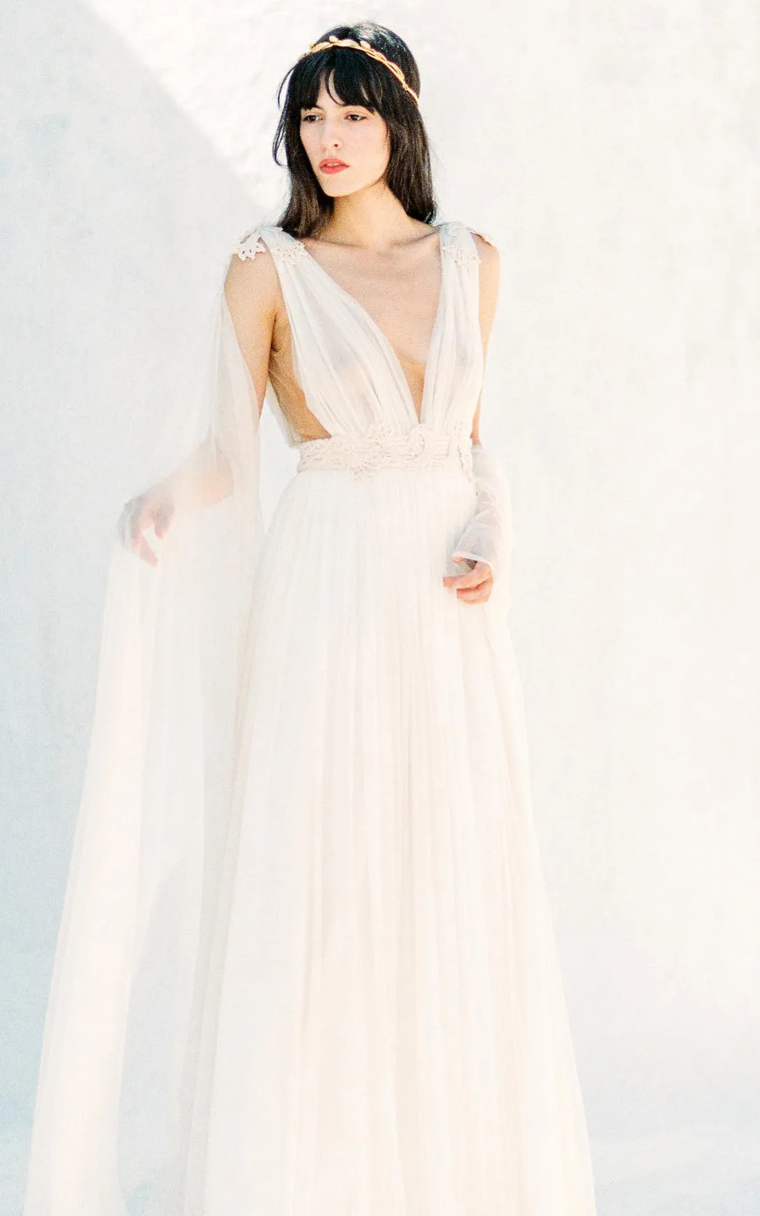 Grecian Plunging Neckline A-Line Tulle Wedding Dress With Low-V Back And Sash-716602