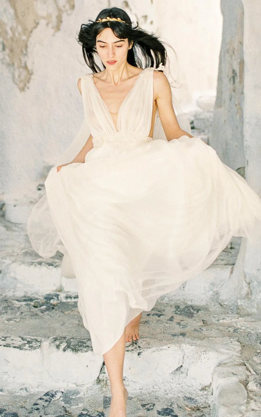 Grecian Plunging Neckline A-Line Tulle Wedding Dress With Low-V Back And Sash-716602