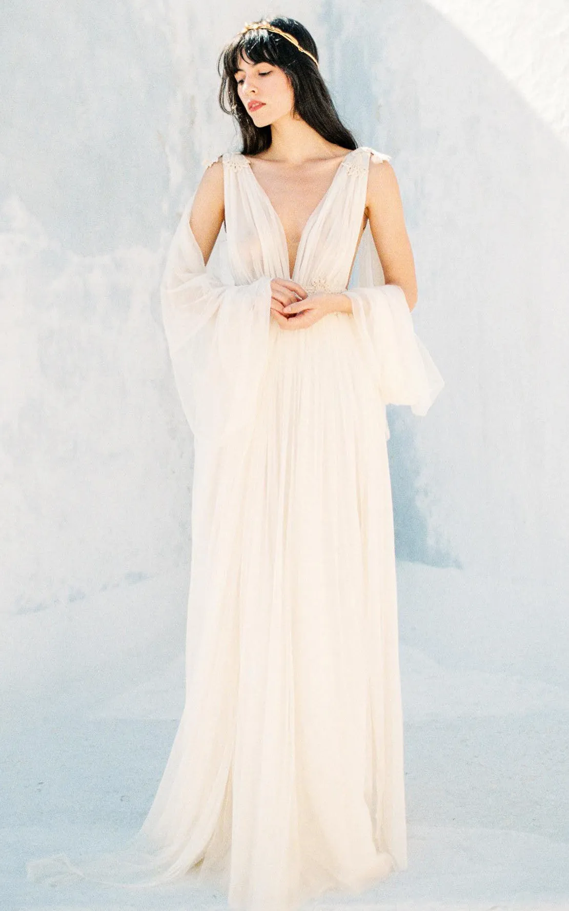 Grecian Plunging Neckline A-Line Tulle Wedding Dress With Low-V Back And Sash-716602