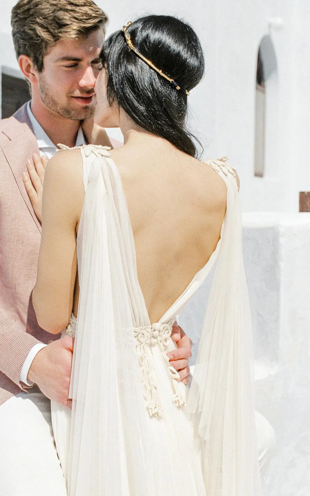 Grecian Plunging Neckline A-Line Tulle Wedding Dress With Low-V Back And Sash-716602