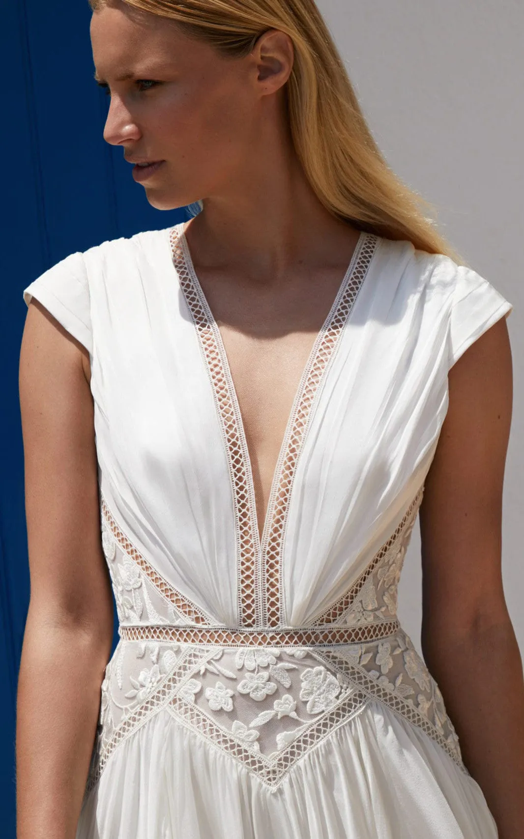 Greek A-Line Plunging Neckline Chiffon Wedding Dress With Open Back And Appliques-716608