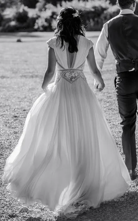 Greek A-Line Plunging Neckline Chiffon Wedding Dress With Open Back And Appliques-716608