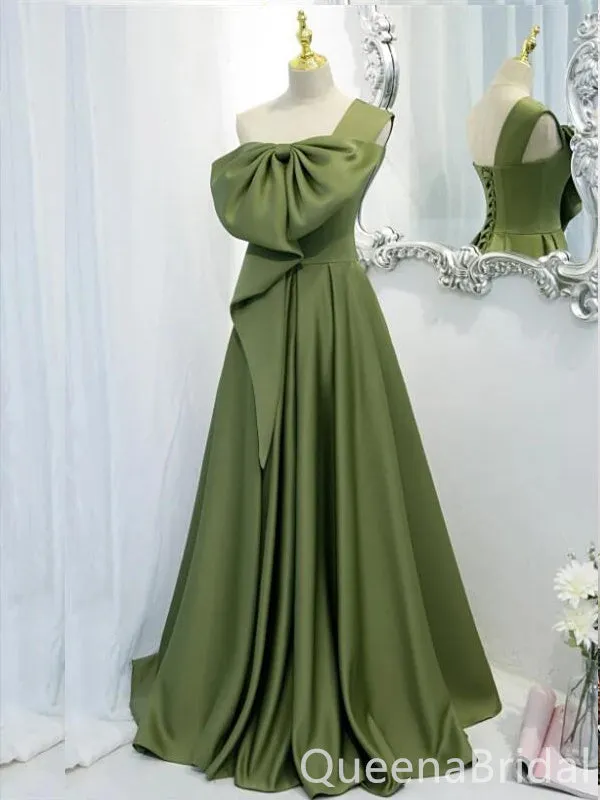 Green A-line One Shoulder Lace Up Back Evening Gown Maxi Long Formal Dresses Prom Dresses with Bow Knot,WGP975