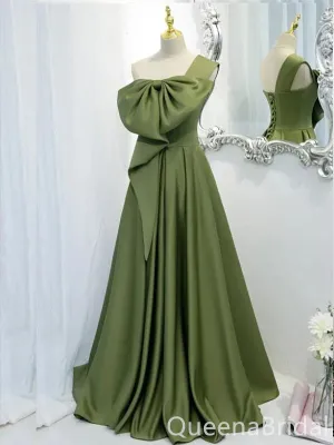 Green A-line One Shoulder Lace Up Back Evening Gown Maxi Long Formal Dresses Prom Dresses with Bow Knot,WGP975