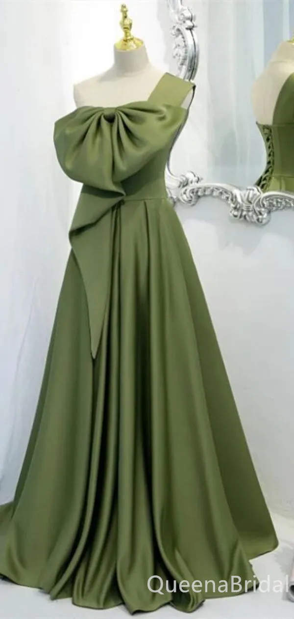 Green A-line One Shoulder Lace Up Back Evening Gown Maxi Long Formal Dresses Prom Dresses with Bow Knot,WGP975