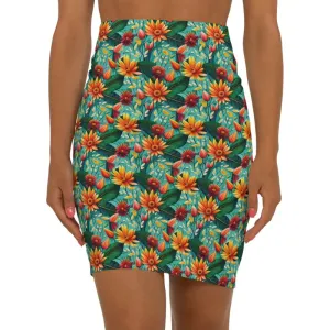 Green Women's Mini Skirt with Stretchy Flower Pattern