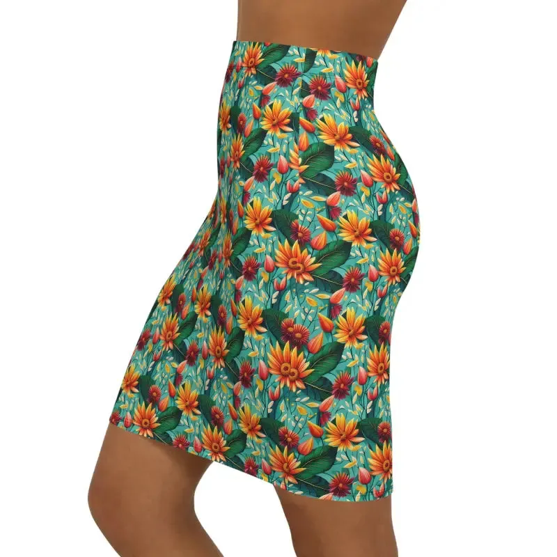 Green Women's Mini Skirt with Stretchy Flower Pattern