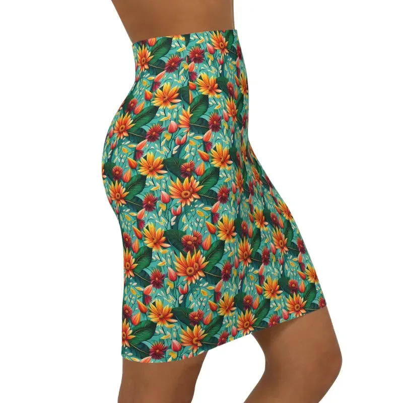 Green Women's Mini Skirt with Stretchy Flower Pattern