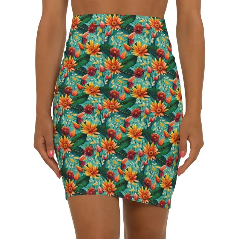 Green Women's Mini Skirt with Stretchy Flower Pattern