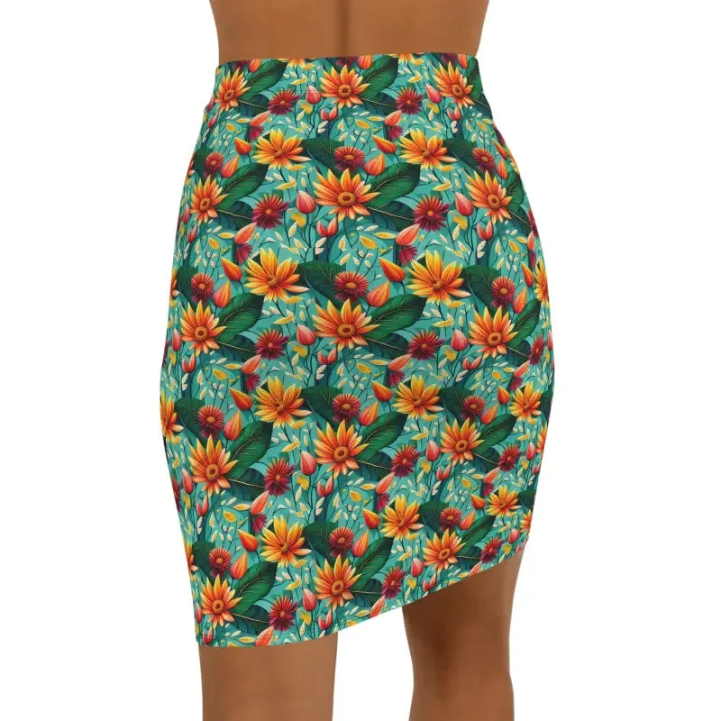 Green Women's Mini Skirt with Stretchy Flower Pattern