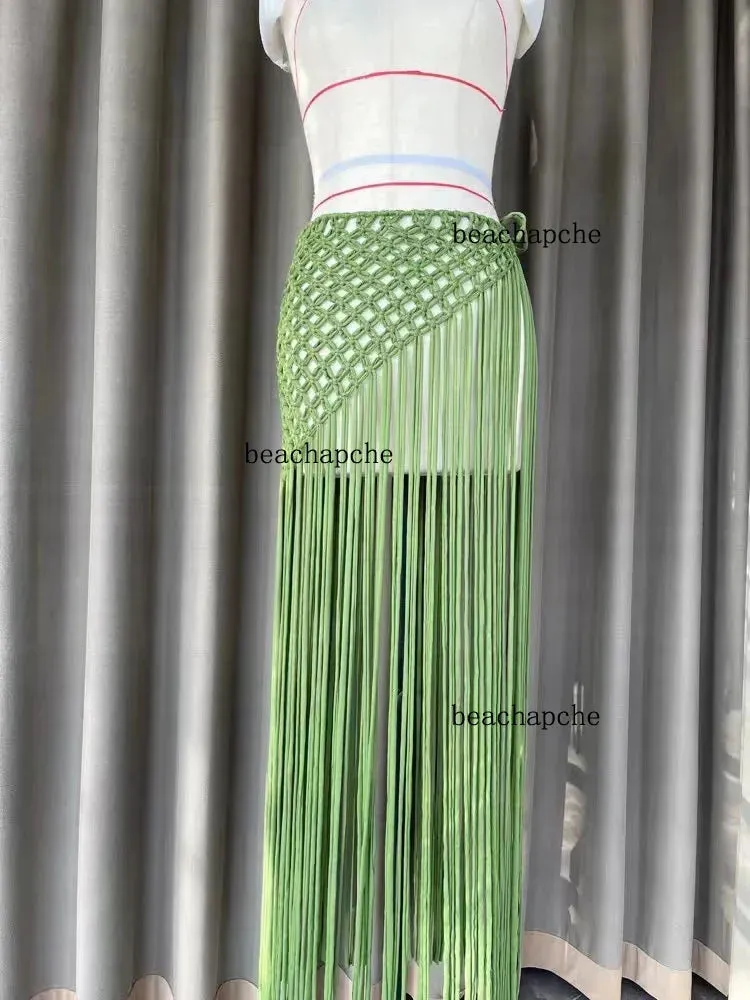 Hand Made Crochet Tassel Maxi Skirts for Women Boutique Fashion Sexy Side Split Knitted Long Beach Cover Ups Casual