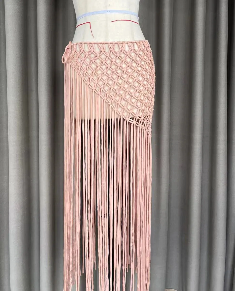 Hand Made Crochet Tassel Maxi Skirts for Women Boutique Fashion Sexy Side Split Knitted Long Beach Cover Ups Casual