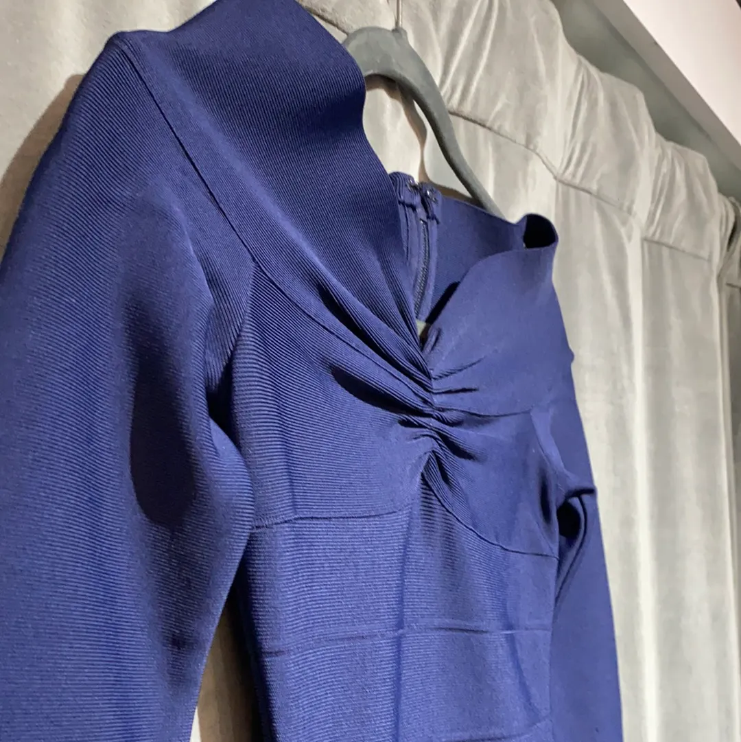 Herve Leger Navy Long Sleeve Flare Bow Neckline Dress