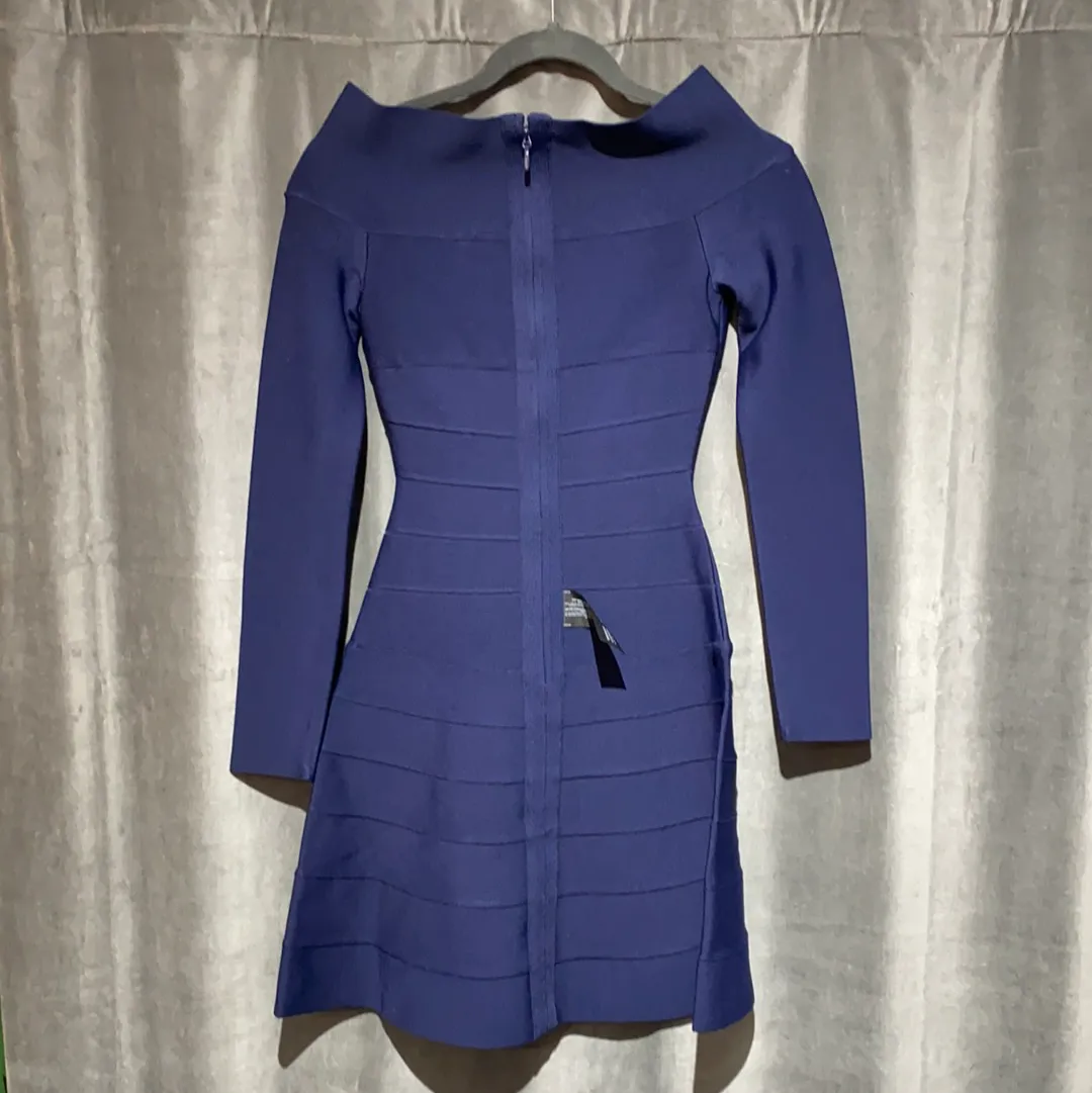 Herve Leger Navy Long Sleeve Flare Bow Neckline Dress