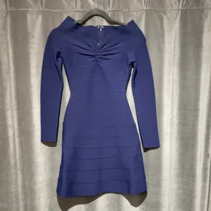 Herve Leger Navy Long Sleeve Flare Bow Neckline Dress