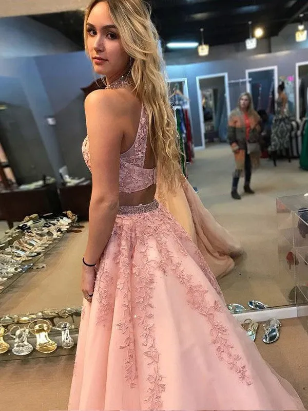 High Neck 2 Piece Lace Prom Dresses A Line Beaded Evening Dresses