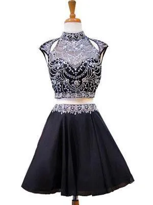 High Neck Beaded Short Two Piece Black Homecoming Dresses 2018, BDY0180