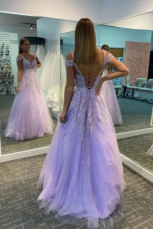 Hot 2024 Violet Purple Prom Dresses Tulle Lace Appliques A-Line Formal Dress