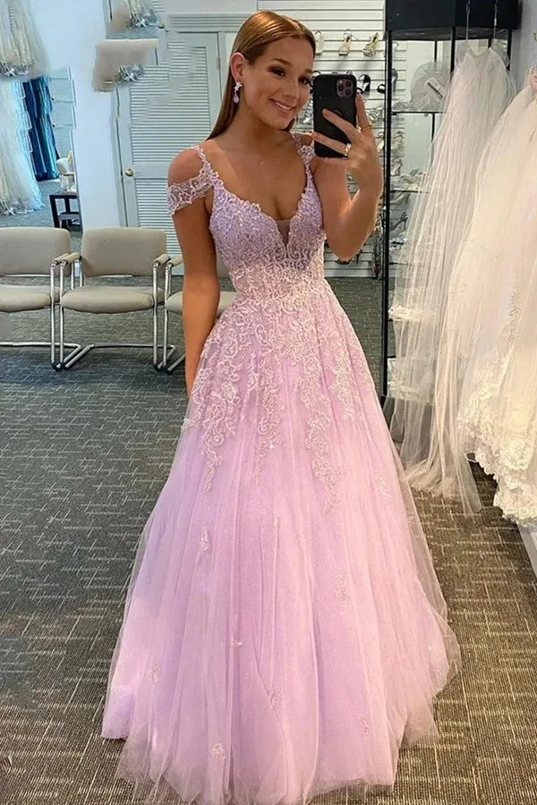Hot 2024 Violet Purple Prom Dresses Tulle Lace Appliques A-Line Formal Dress