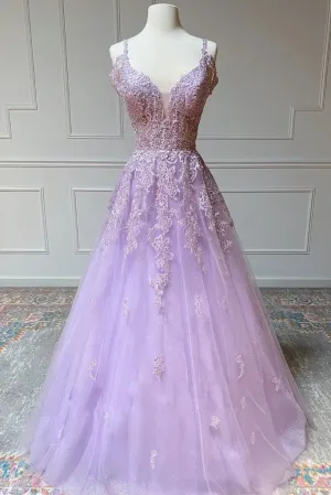 Hot 2024 Violet Purple Prom Dresses Tulle Lace Appliques A-Line Formal Dress
