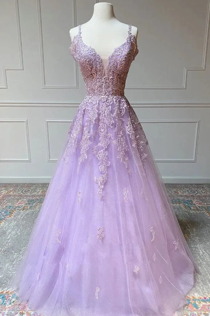 Hot 2024 Violet Purple Prom Dresses Tulle Lace Appliques A-Line Formal Dress