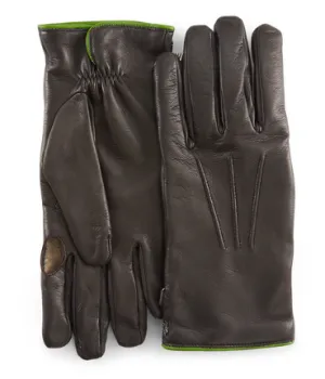 Hunting Gloves in Dark Brown Leather w/Green Trim