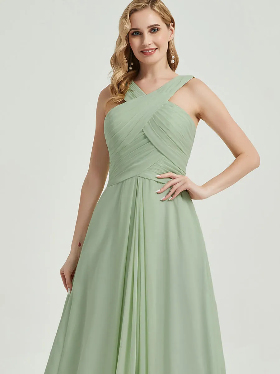 Ink Blue Cross Neck A-Line Floor Length Chiffon Bridesmaid Dresses