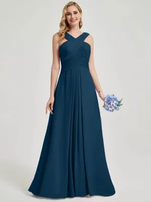 Ink Blue Cross Neck A-Line Floor Length Chiffon Bridesmaid Dresses