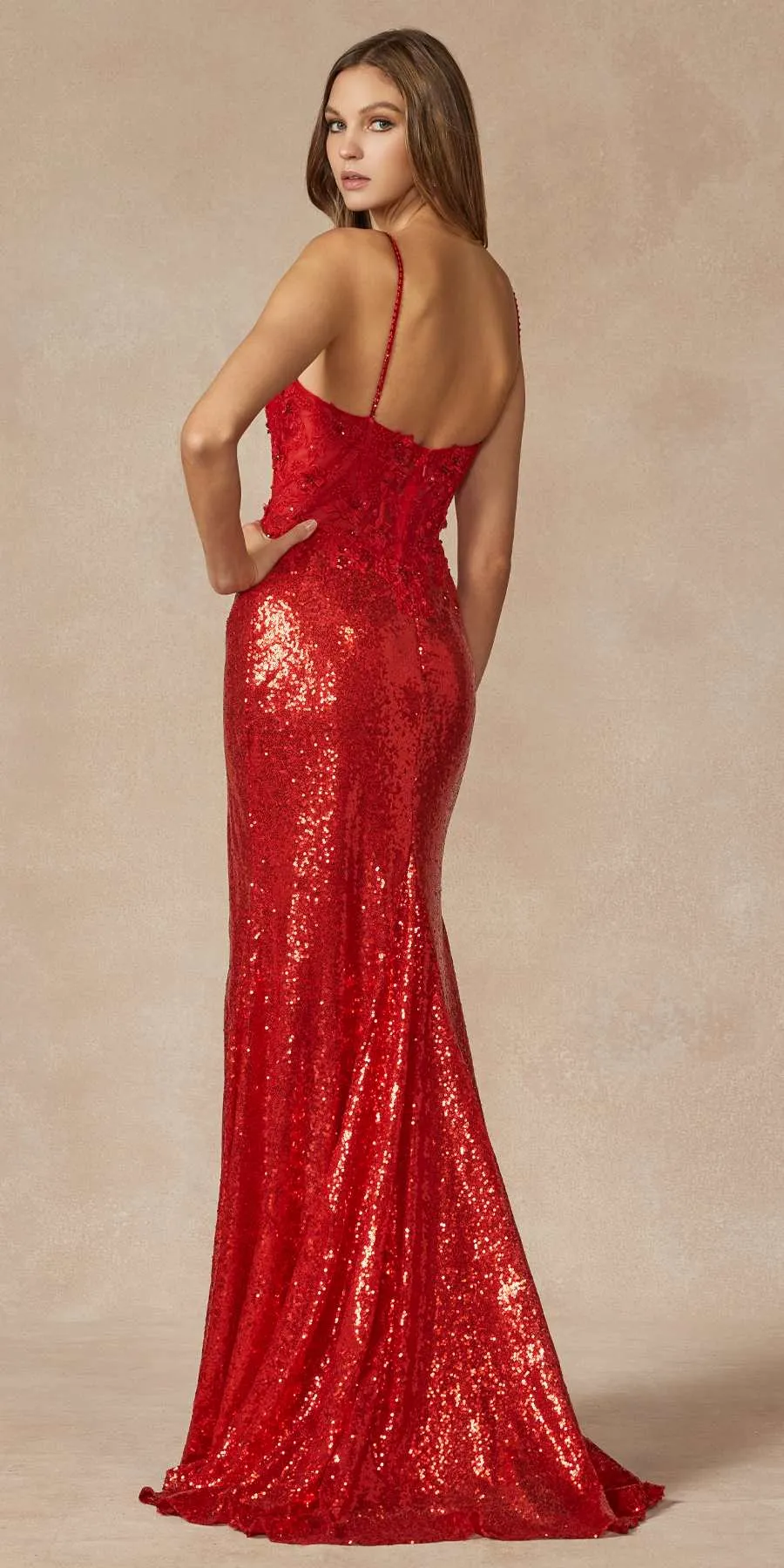 Juliet 289 Long Machine Sequin Gown with Corset Bodice Prom Gown