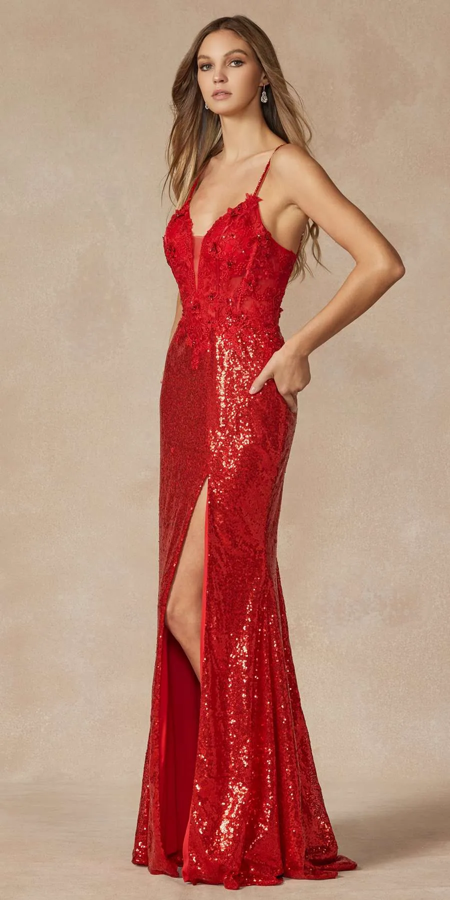 Juliet 289 Long Machine Sequin Gown with Corset Bodice Prom Gown