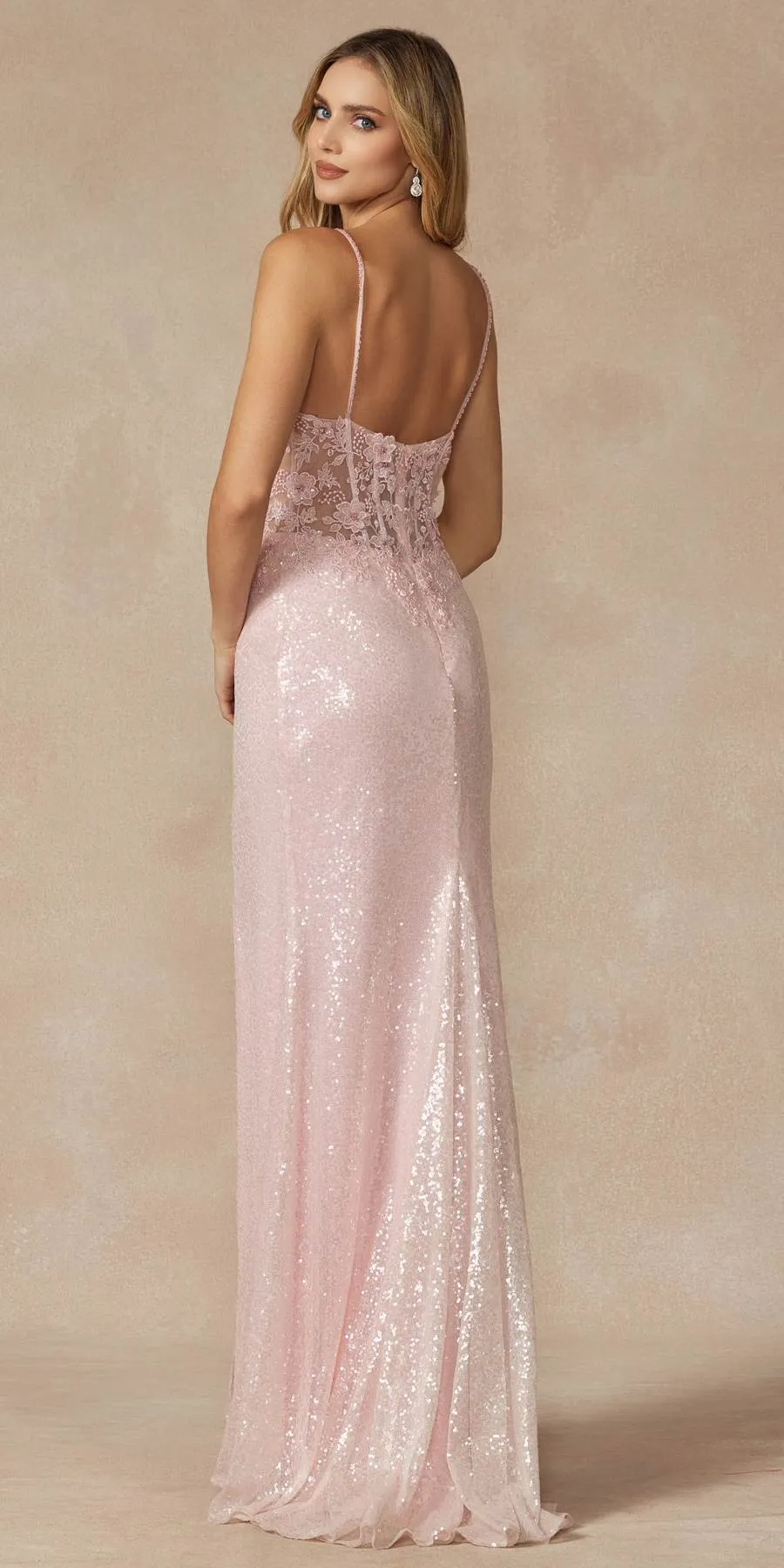 Juliet 289 Long Machine Sequin Gown with Corset Bodice Prom Gown