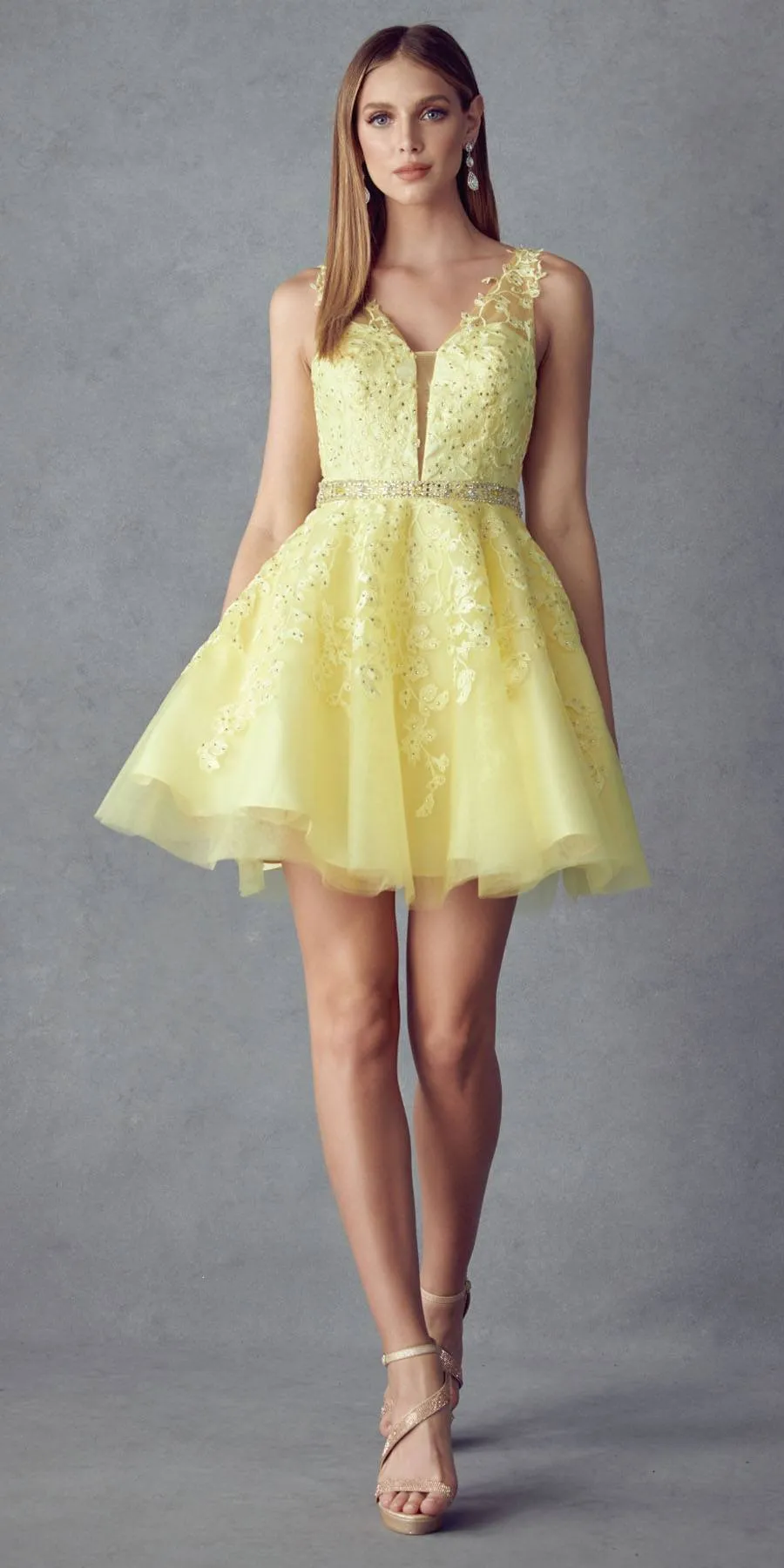 Juliet 853 Homecoming Short Dress Floral Lace Applique A-Line